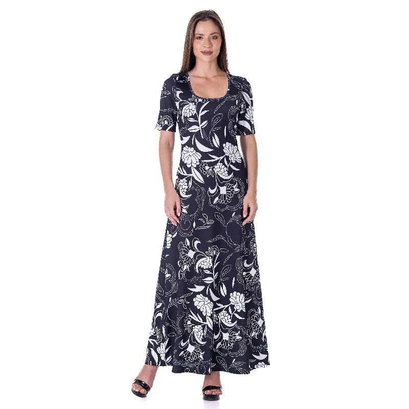 City Fashion 24seven Comfort Apparel Womens Black and White Elbow Sleeve Casual A Line Maxi Dress