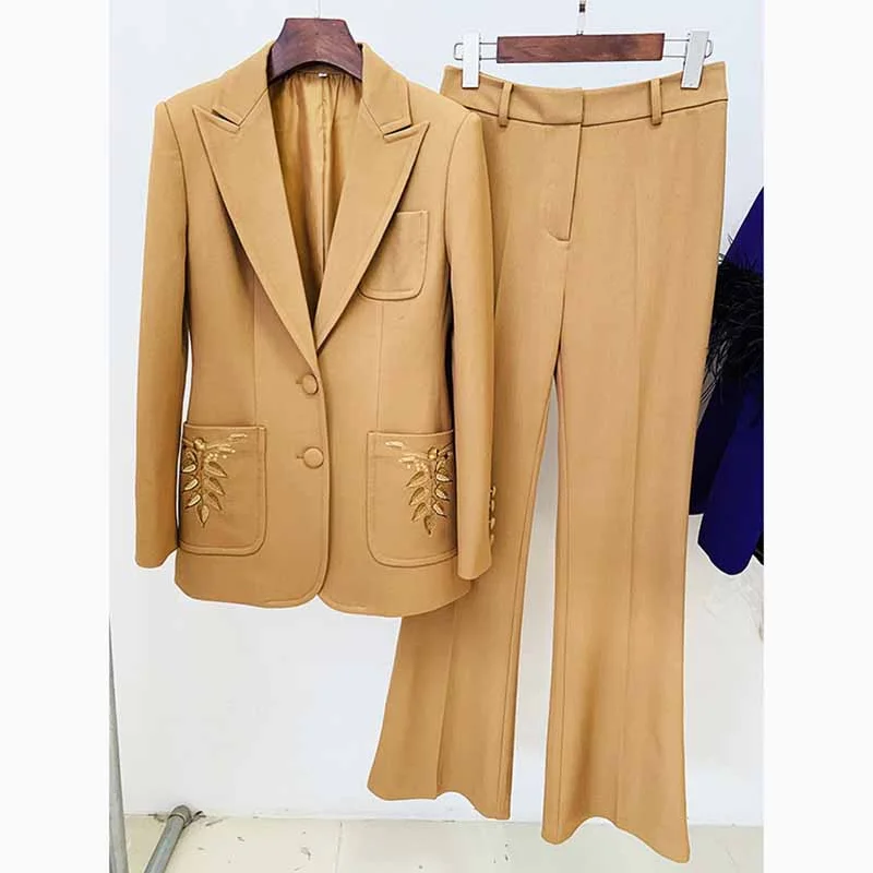 Casual Chic Clothing Women Khaki Pantsuits Fitted Blazer + Mid-High Waist Flared Trousers Suit Casual Chic Clothing Women Khaki Pantsuits Fitted Blazer + Mid-High Waist Flared Trousers Suit