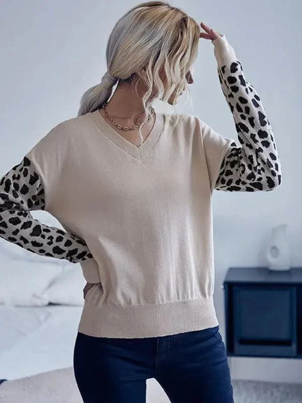 Season Sale V-Neck Knitted Sweater Top Women With Wild Print Sleeves