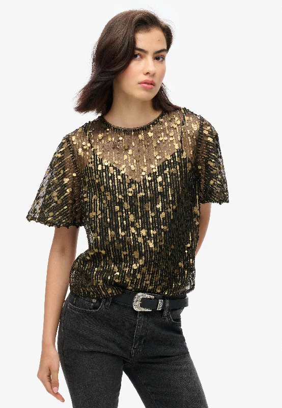 Chic Style, Always In Vogue Sheer Short Sleeve Sequin Top | Brass Sequin