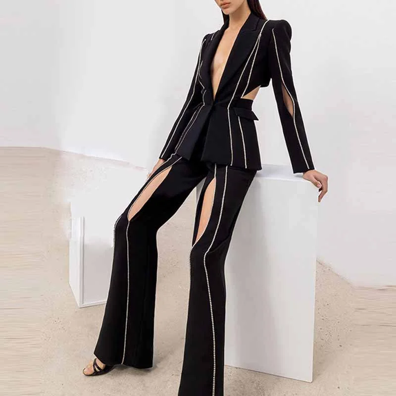 Stylish Women's Apparel Bell Bottom Pants Suit Set With Black Blazer Hollow Out Fashion Sets Stylish Women's Apparel Bell Bottom Pants Suit Set With Black Blazer Hollow Out Fashion Sets