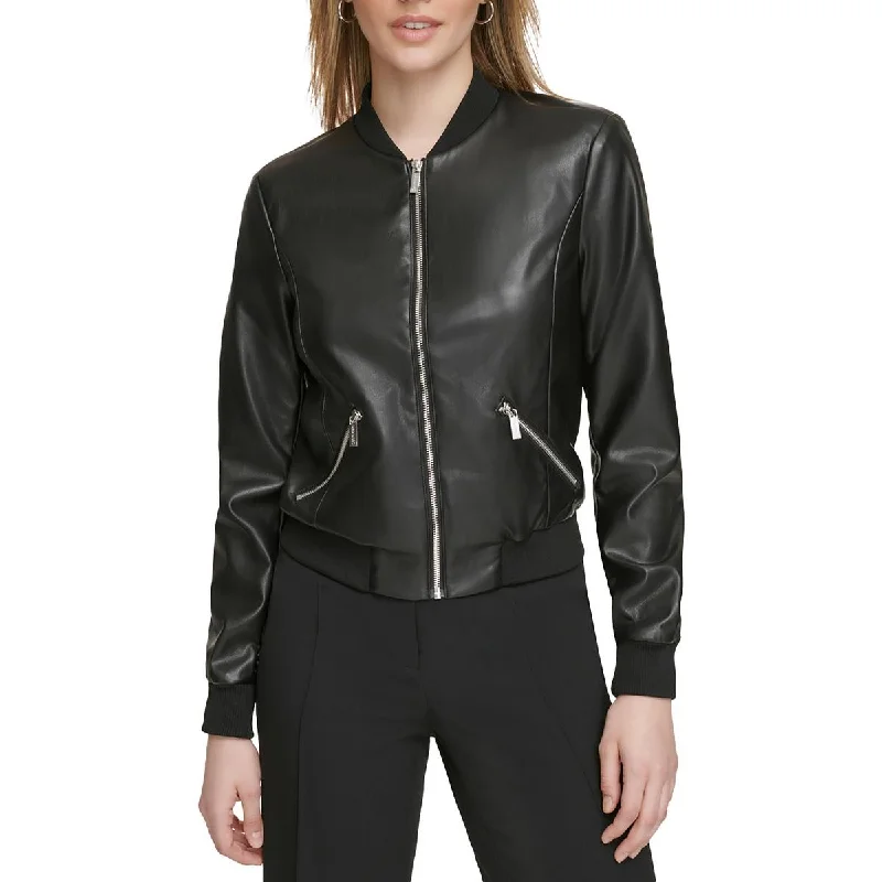 Best Boutiques Online Womens Faux Leather Ribbed Cuffs Bomber Jacket