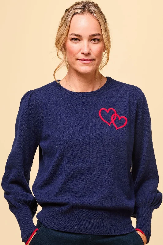 Fashion Forward Merino Wool Hearts Crew Neck Jumper | Navy/Red