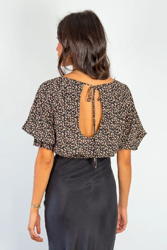 Fashion Sale Dare Me Walnut Floral Puff Sleeve Elastic Waist Tie Back Crop Top