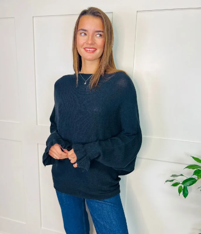 Winter Wardrobe Clearance Black Ruffle Sleeve Batwing Jumper