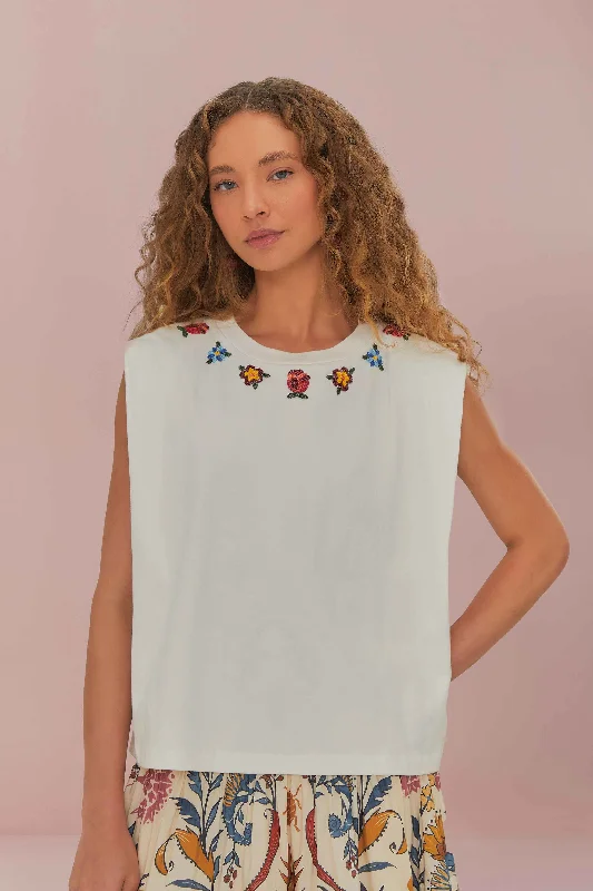 Fashion Forward White Beaded Flowers T-Shirt