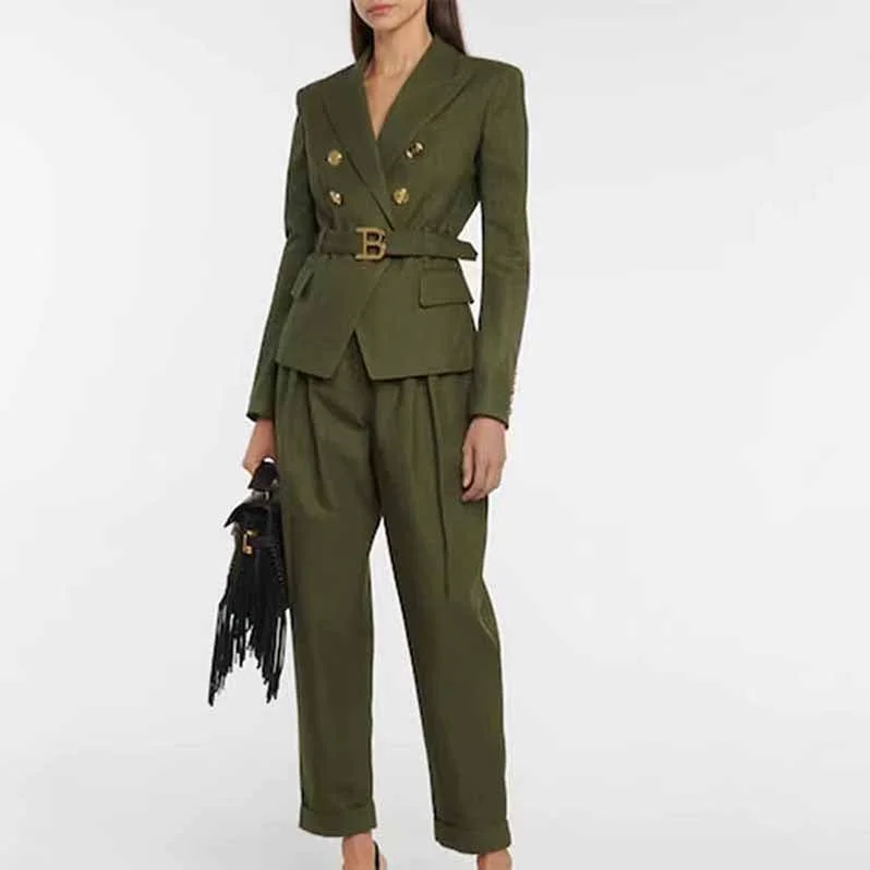 Seasonal Sale Women's Army Green Pantsuit +High Waisted Two Piece Pants Set Suits With Belt Seasonal Sale Women's Army Green Pantsuit +High Waisted Two Piece Pants Set Suits With Belt