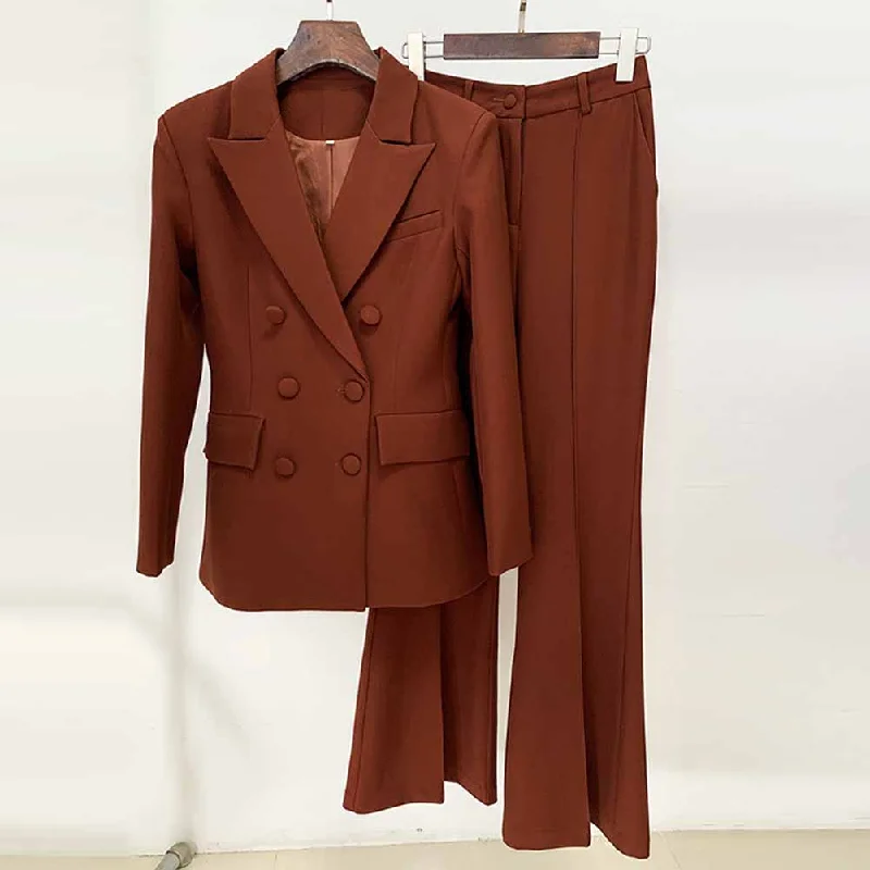 Premium Style Women Brown Beige Pantsuit Double Breasts Fitted Blazer + Mid-High Rise Flare Trousers Pants Suit Premium Style Women Brown Beige Pantsuit Double Breasts Fitted Blazer + Mid-High Rise Flare Trousers Pants Suit