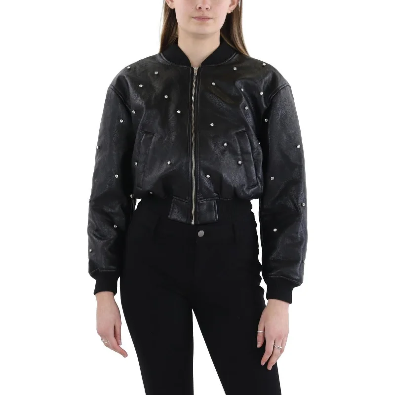 Luxury Fashion Womens Faux Leather Rhinestone Leather Jacket