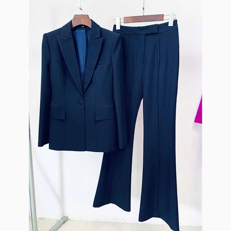 Trendy Street Style Clothing Navy Blue Two Piece Set Ladies Business Single Buttons Pants Formal Suit Trendy Street Style Clothing Navy Blue Two Piece Set Ladies Business Single Buttons Pants Formal Suit