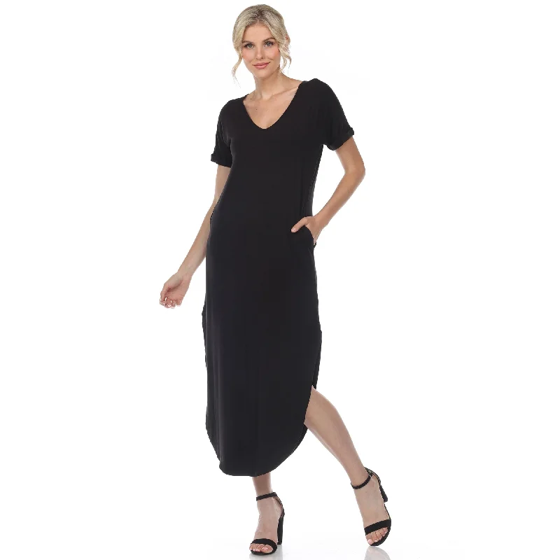 Trendy Online Boutiques White Mark Women's Short Sleeve V-Neck Maxi Dress
