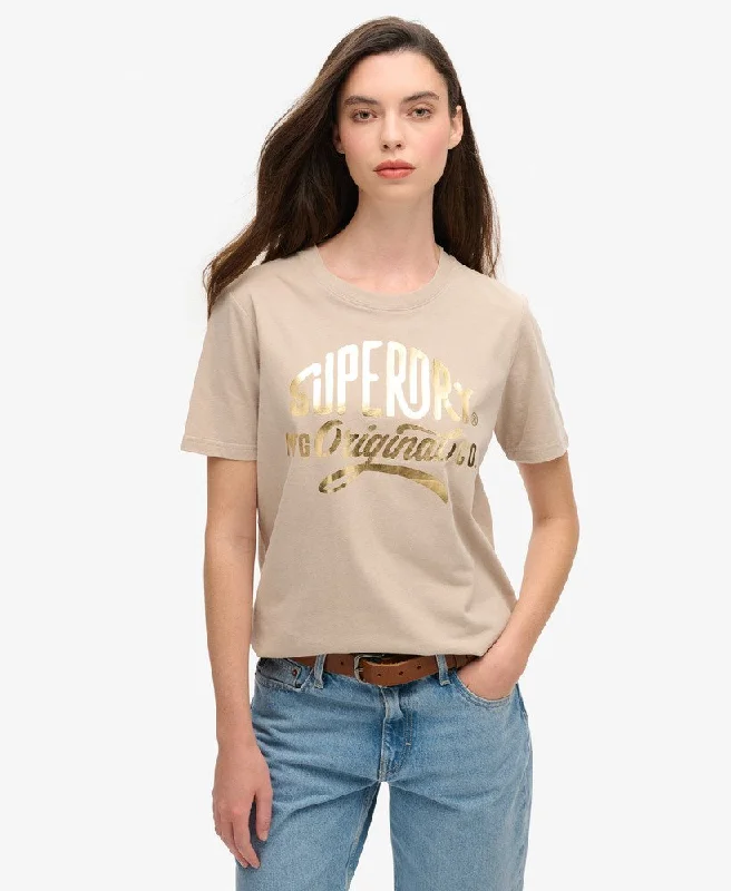 Vibrant Femme Fashion Luxe Metallic Logo Relaxed Tee | Warm Grey