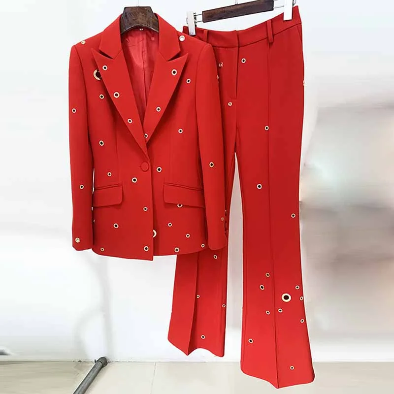 Casual Chic Women One Button Pantsuit Fitted Blazer + Flare Long Trousers Suit Pants Suit Casual Chic Women One Button Pantsuit Fitted Blazer + Flare Long Trousers Suit Pants Suit