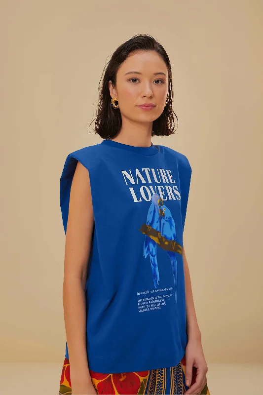 Clothes Of Woman Blue Nature Lovers Shoulder Pad Organic Cotton T-Shirt