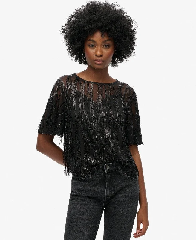 Timeless Elegance Redefined Sheer Short Sleeve Sequin Top | Black Fringe