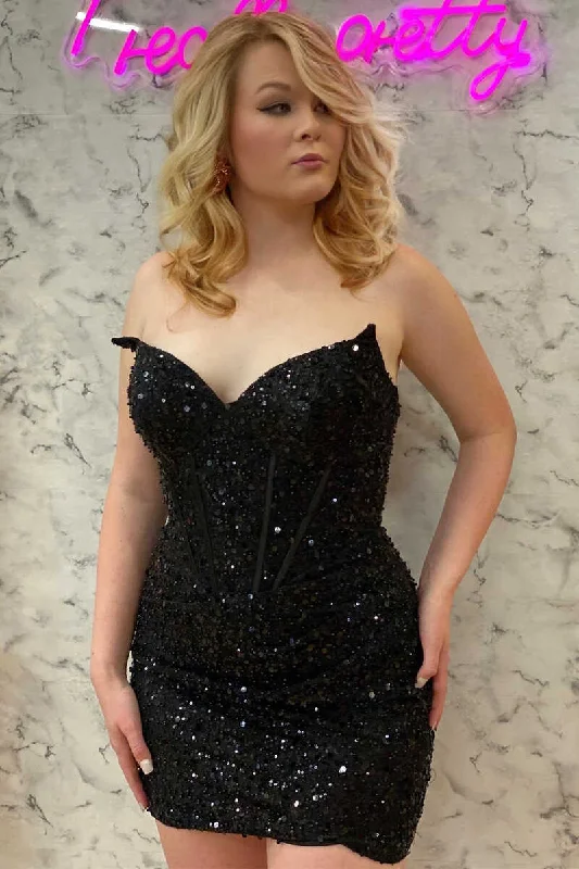 Timeless Classics Black Sequin Strapless Tight Mini Homecoming Gown gh1321
