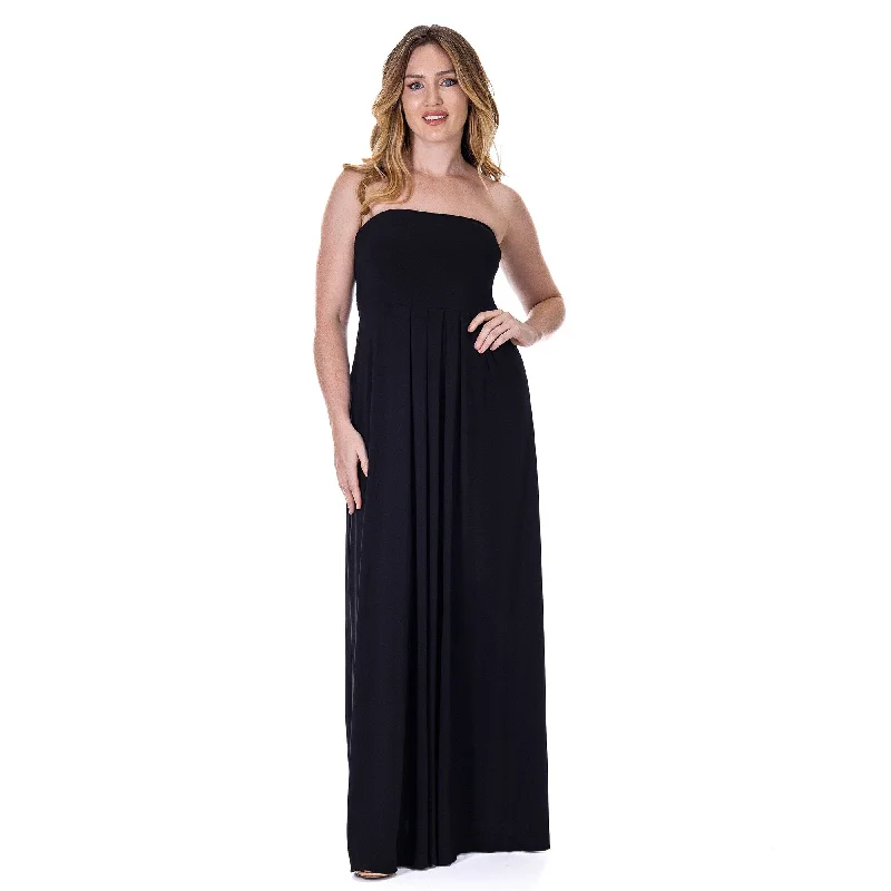 Premium Fabrics 24seven Comfort Apparel Womens Pleated A Line Strapless Maxi Dress With Pockets