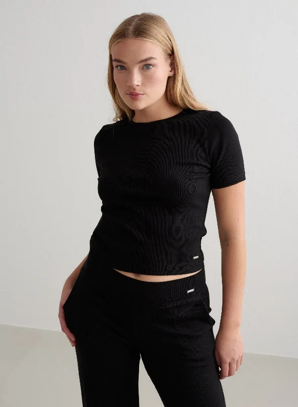 Casual Fashion Black Ease Ribbed Short Sleeve
