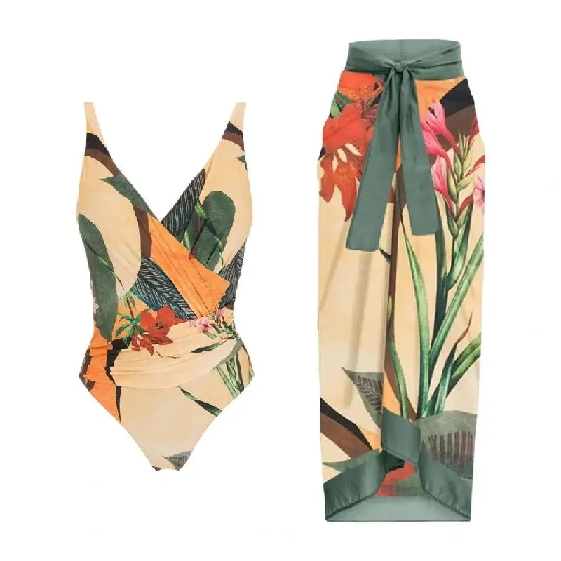 Versatile Outfits Hues of Green Swimsuit with Sarong