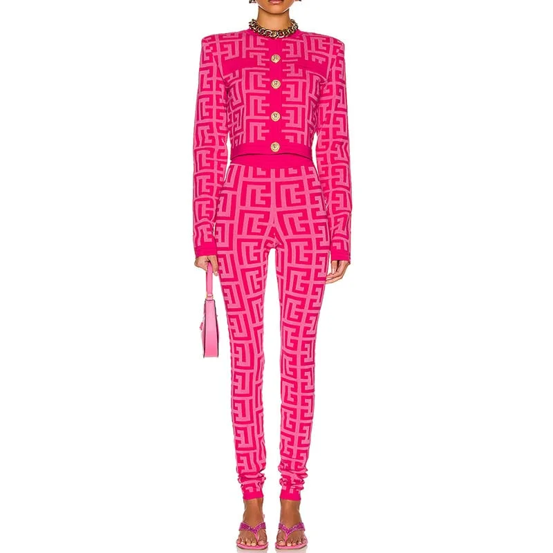 Summer Sale Women Maze Cardigan Suit + Trousers Two Piece Pink Sweater Suit