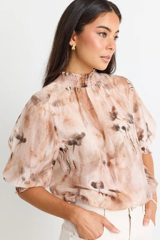 Online Boutiques Best Influential Chocolate Faded Floral Shirred Neck SS Top