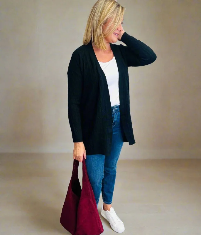 Workwear Fashion for Women Black Small Cable Open Cardigan