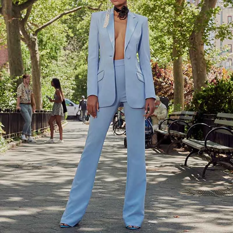 Online Impressions Boutique Women Sky blue Blazer + Flare Trousers Suit