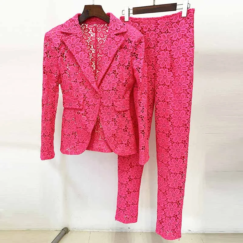 Vibrant Styles Women Hot Pink Lace One Button Suit Fitted Blazer + Lined Pencil Trousers Pants Suit / Wedding Suit / Party Set Vibrant Styles Women Hot Pink Lace One Button Suit Fitted Blazer + Lined Pencil Trousers Pants Suit / Wedding Suit / Party Set