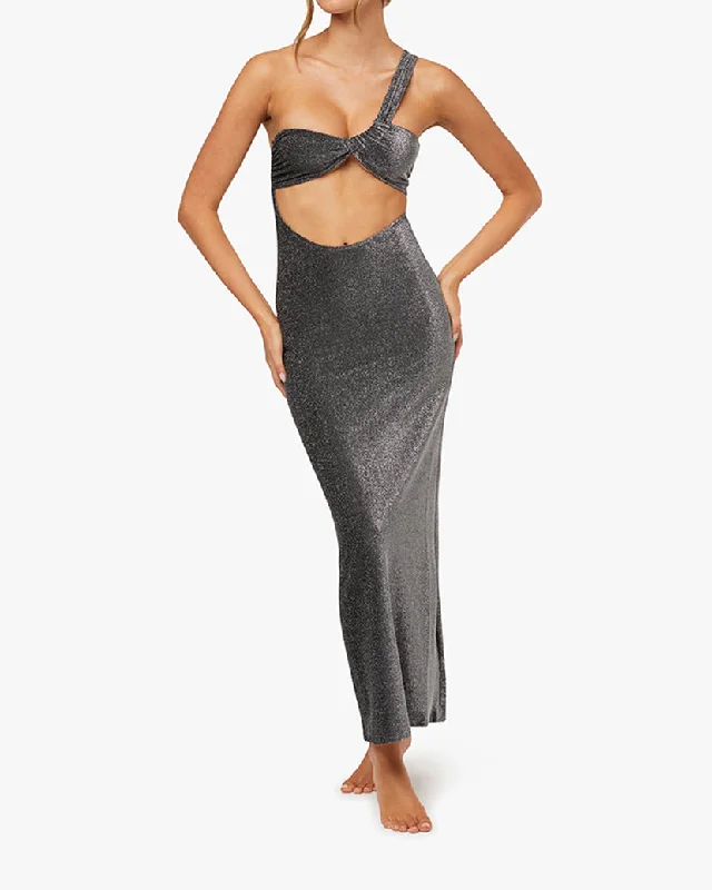 High End Fashion Ruched Asymmetrical Knit Maxi Dress