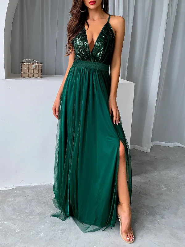 Imeless Style Sequin Mesh Spaghetti Strap Backless Slit Maxi Dress