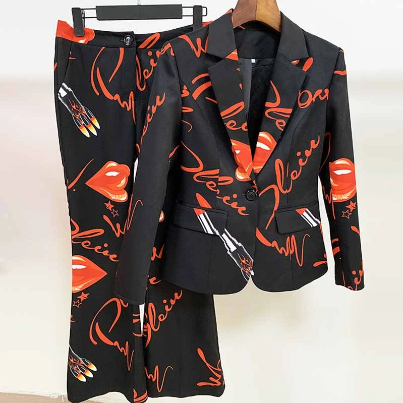 Weekend Sale Womens Black Printing Blazer + Flare Trousers Suit Two Piece Formal Pantsuits Weekend Sale Womens Black Printing Blazer + Flare Trousers Suit Two Piece Formal Pantsuits