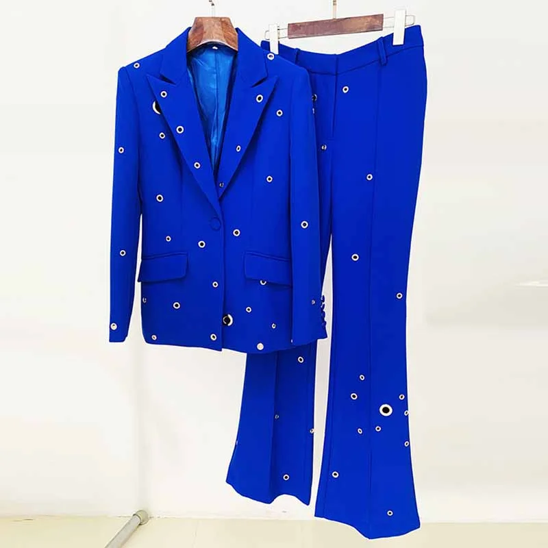 Comfortable Clothes Women Hand Made Metal Rings Blazer + Mid-High Rise Flare Trousers Pants Suit in Royal blue, Wedding Suit Comfortable Clothes Women Hand Made Metal Rings Blazer + Mid-High Rise Flare Trousers Pants Suit in Royal blue, Wedding Suit