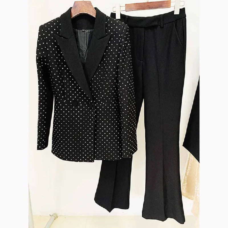 Sophisticated Fashion Women Black Pantsuits hot drilling Flare Bottoms Two Pieces Pants Set Sophisticated Fashion Women Black Pantsuits hot drilling Flare Bottoms Two Pieces Pants Set