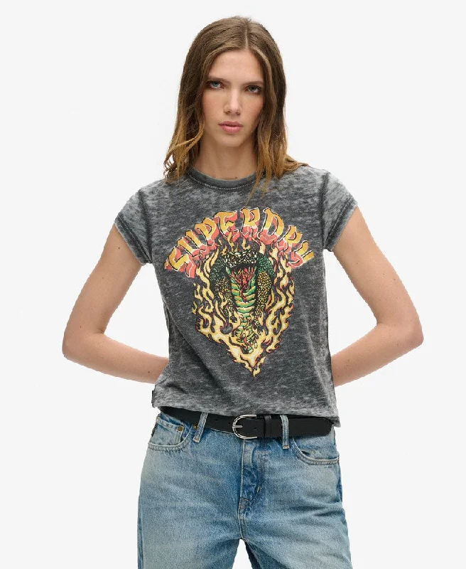 Stylish Women's Apparel Biker Rock Graphic Cap Slv Tee | Black