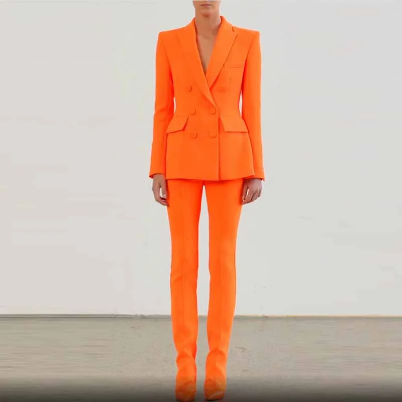 Athleisure Wear Women's Orange Double Breasted 2 Piece Pant Suit Sizes 6-14