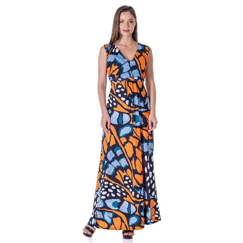 Luxe Women's Fashion 24seven Comfort Apparel Womens Print V Neck Tie Back Empire Waist Sleeveless Maxi Dress