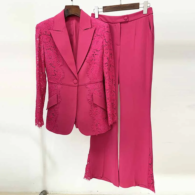Women's Urban Fashion Women Hot Pink Light Pink Pantsuit Lace High Waist Fitted Blazer + Flare Trousers Pants Suit / Wedding Suit Women's Urban Fashion Women Hot Pink Light Pink Pantsuit Lace High Waist Fitted Blazer + Flare Trousers Pants Suit / Wedding Suit