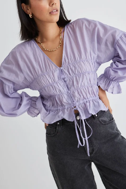 Unleash Your Trend Driven Style Vivienne Lilac Sheer Button Front Blouse