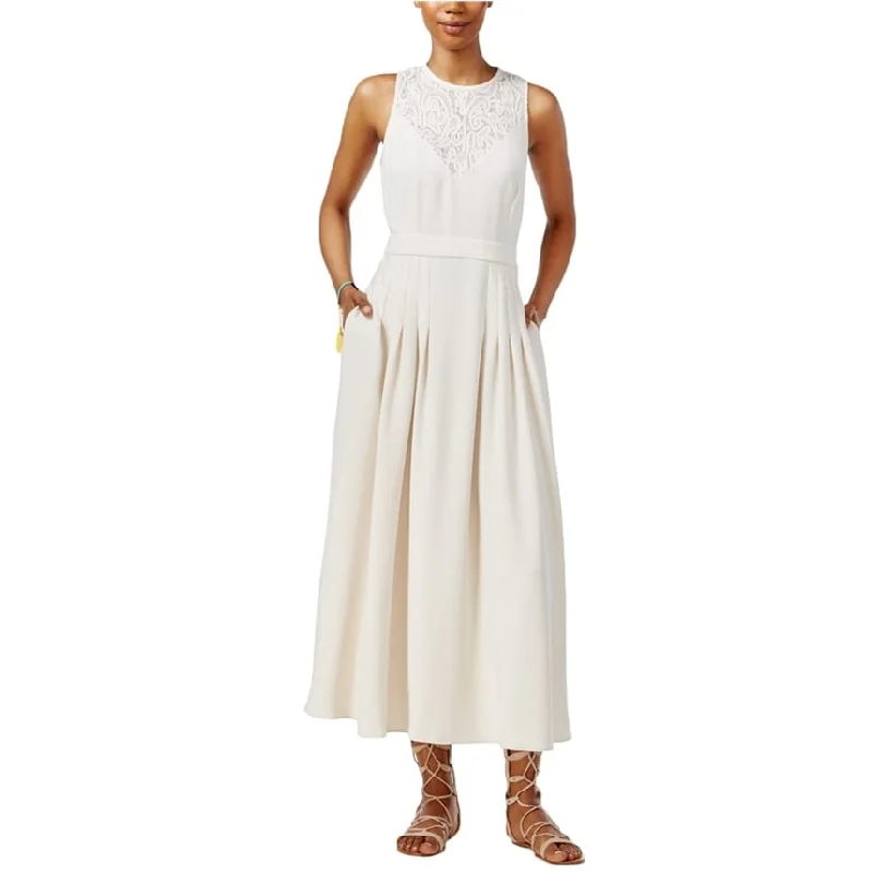 Women Clothing Rachel Roy Womens Pleated Lace Maxi Dress, White, 4