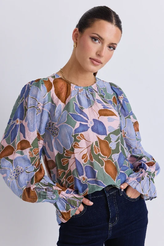 Women's Clothing Stores Endless Khaki Floral Blouson Sleeve LS Top