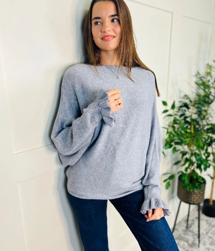 Women's Online Clothing Boutique Grey Ruffle Sleeve Batwing Jumper
