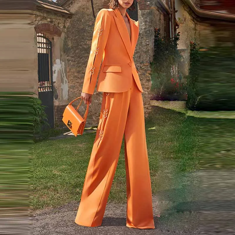 Sporty Streetwear Women's Orange Pantsuit Single Button Flared Pants Suit Jacket + Trousers Sporty Streetwear Women's Orange Pantsuit Single Button Flared Pants Suit Jacket + Trousers