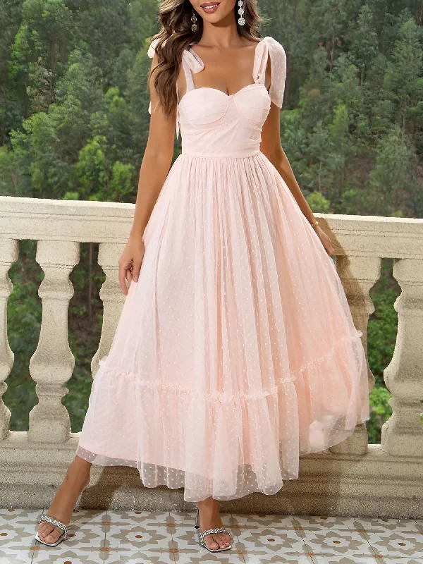 Versatile Outfits Swiss Dots Mesh Lace-Up Sleeveless Maxi Dress