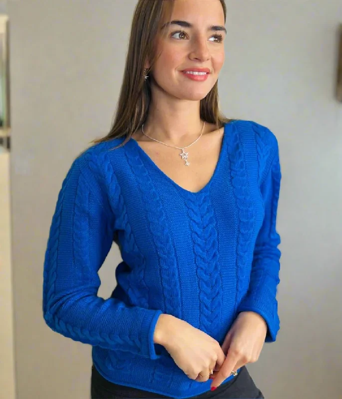 Sophisticated Outfits Blue V Neck Cable Jumper