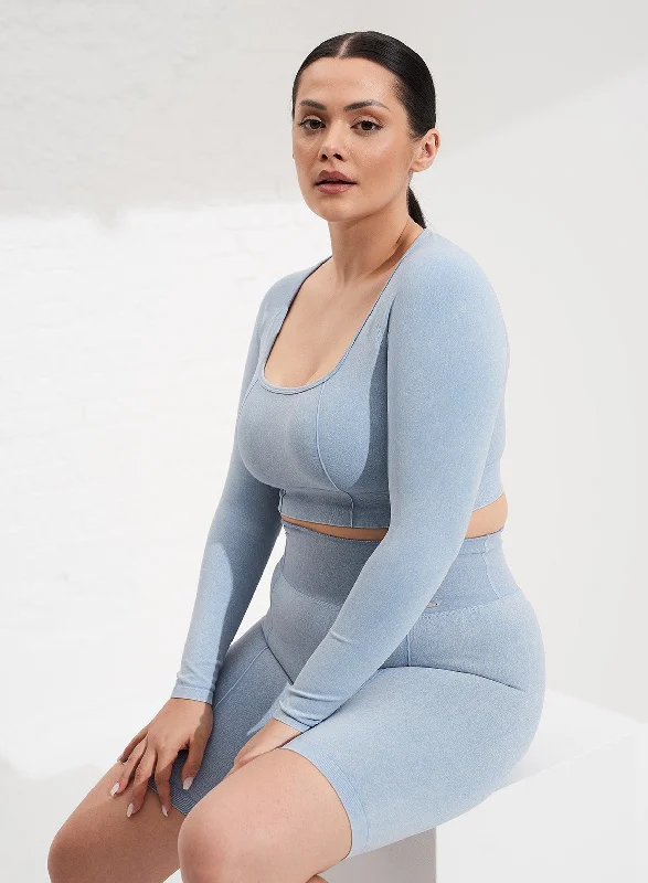 Affordable Online Boutiques Washed Light Denim Seamless Crop Long Sleeve