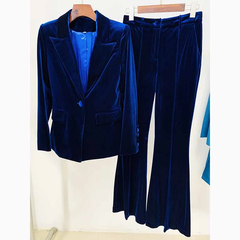 Minimalist Style Women Velvet Blazer + Flare Trousers Suit Two Piece Pantsuits