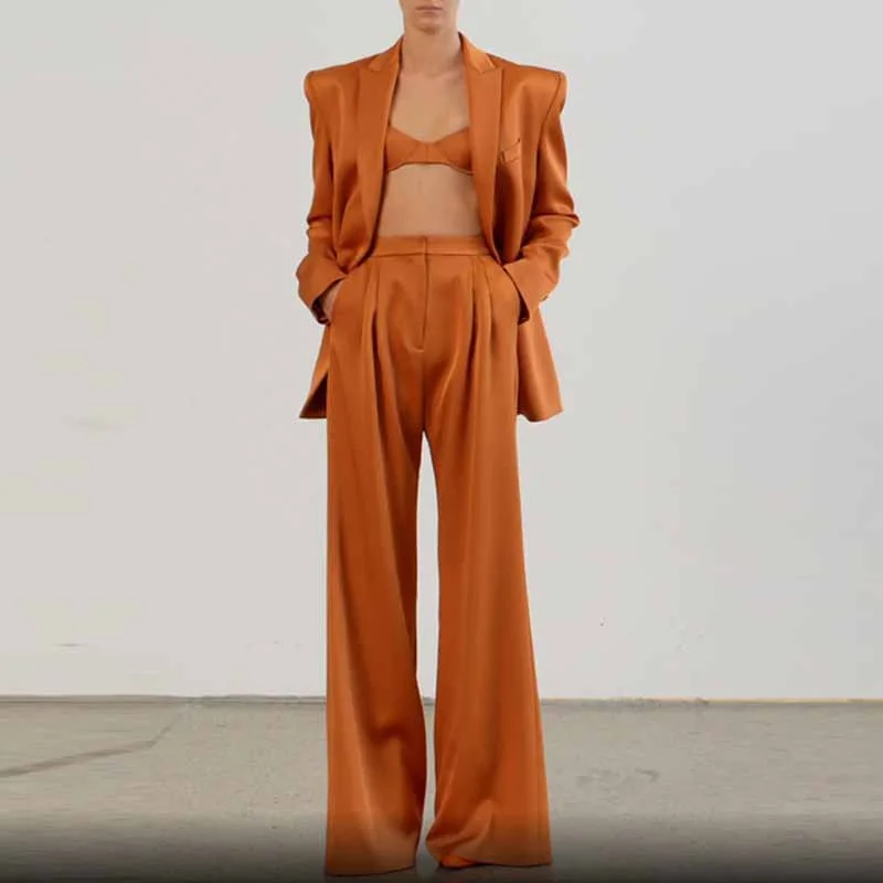 Business Casual Outfits Women's Rust Pantsuit Double Breasted Button Blazer + Wide Trousers Business Casual Outfits Women's Rust Pantsuit Double Breasted Button Blazer + Wide Trousers