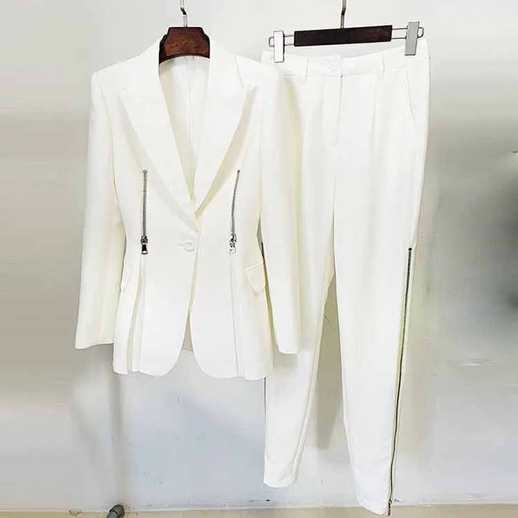 Timeless Classics Women Long Sleeves Whit Blazer Pantsuits Two Piece Pants Suit