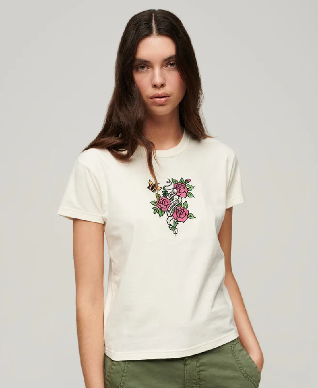 Modern Casual Clothing Tattoo Embroidered Fitted T-Shirt | Cream