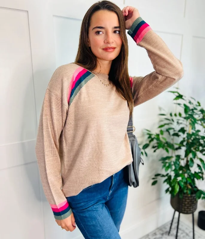 Trendy Women’s Outfits for Casual Wear Camel Rainbow Detail Cosy Jumper